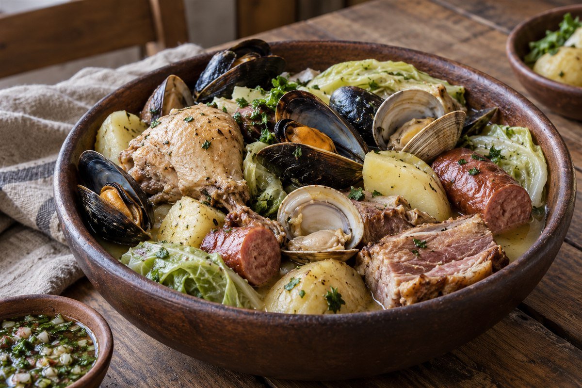 Chilean curanto with mussels, clams, chicken, pork sausage, potatoes, and cabbage.