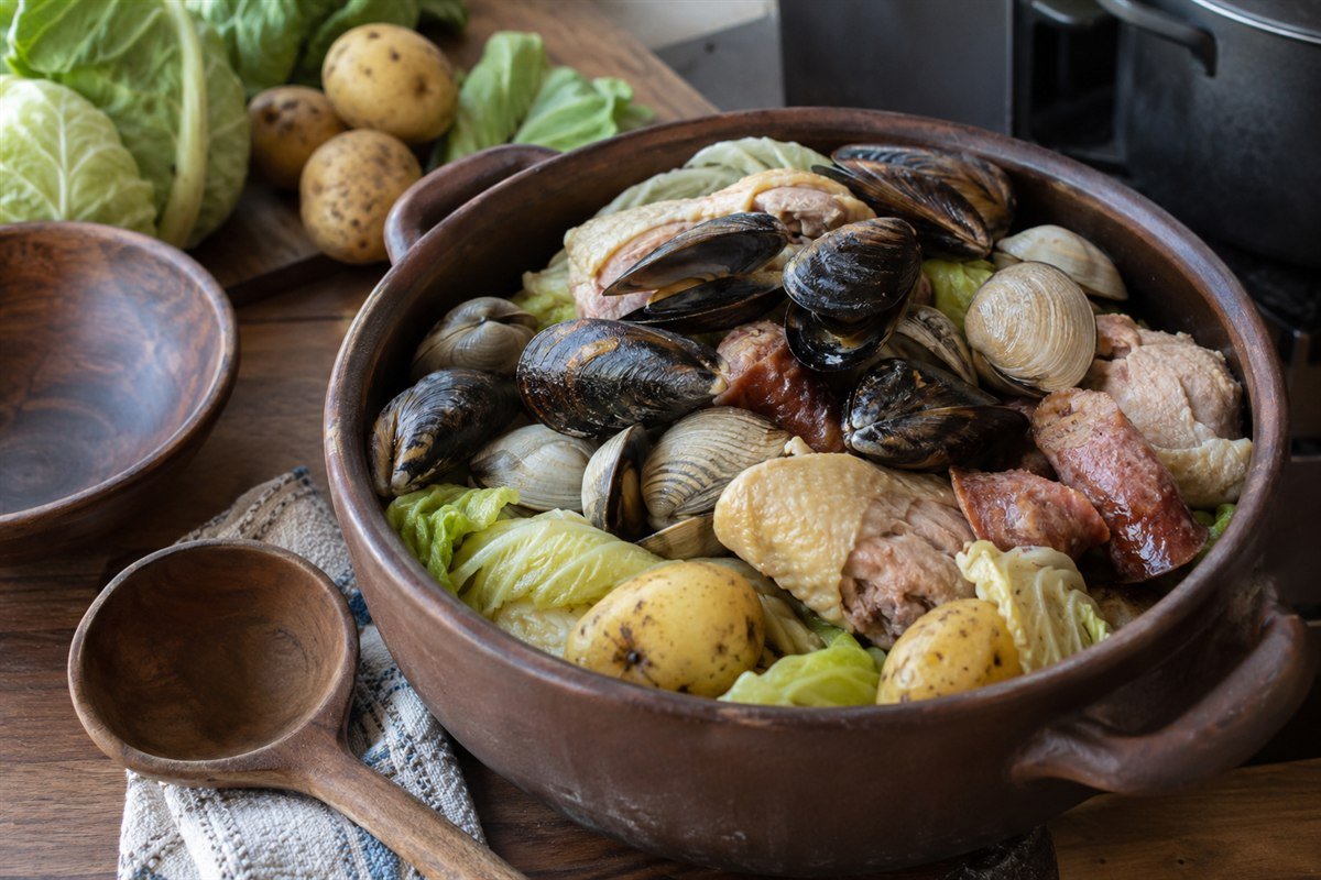 Chilean curanto ingredients layered in a rustic clay pot.