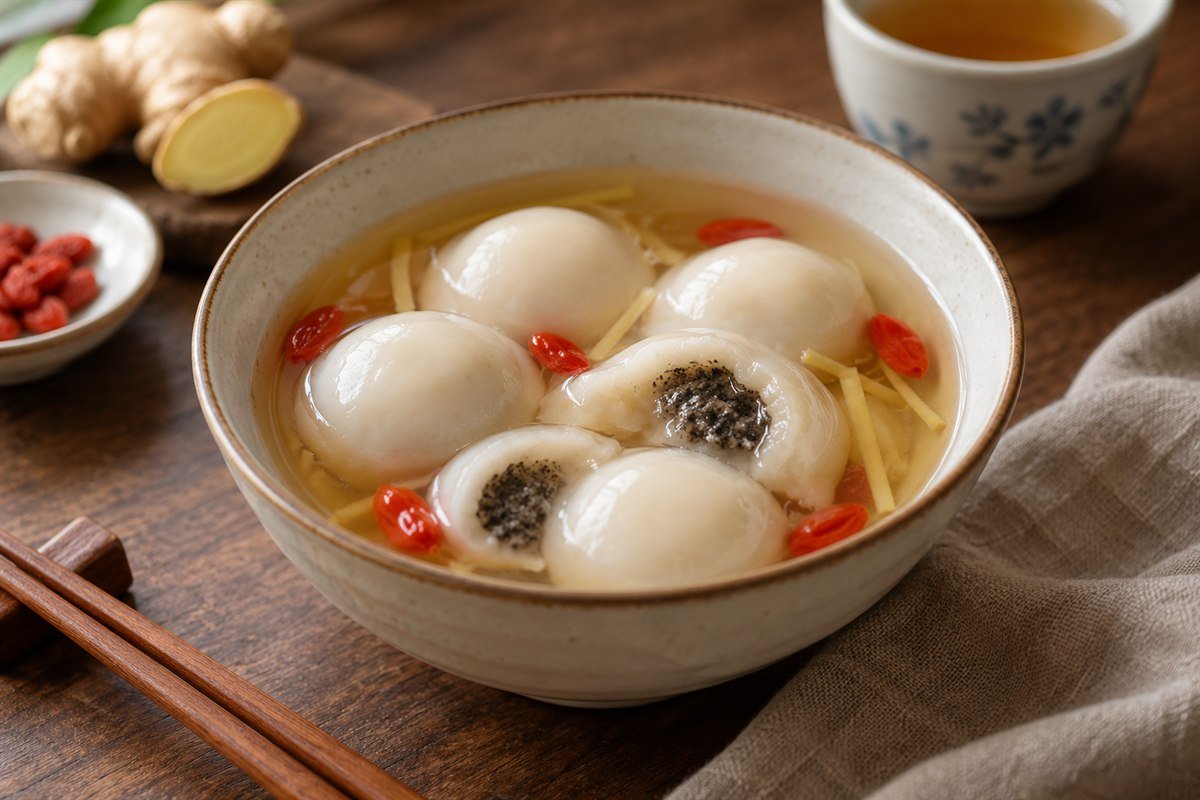 Chinese tangyuan black sesame rice balls in ginger syrup with goji berries in a porcelain bowl.