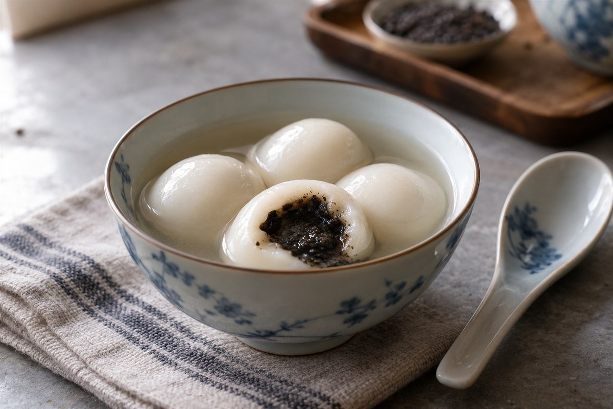 A Chinese tangyuan rice ball opened to show black sesame filling in a small porcelain bowl.