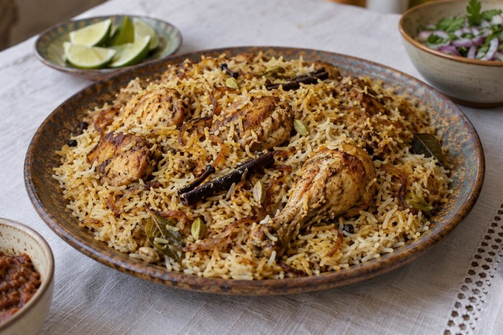 Comorian chicken pilao with fragrant spiced rice, caramelized onion, and tender chicken on a serving platter.