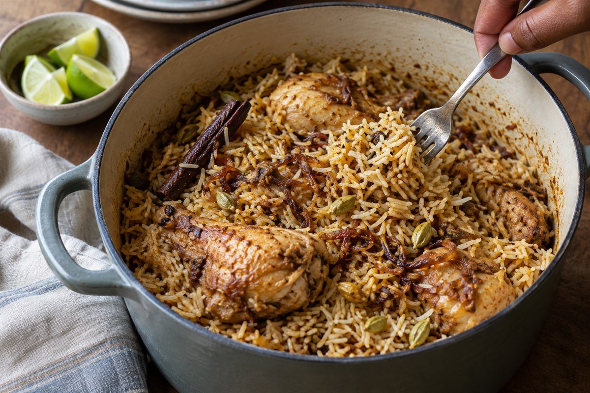 Comorian chicken pilao being fluffed and served from a heavy pot with whole spices.