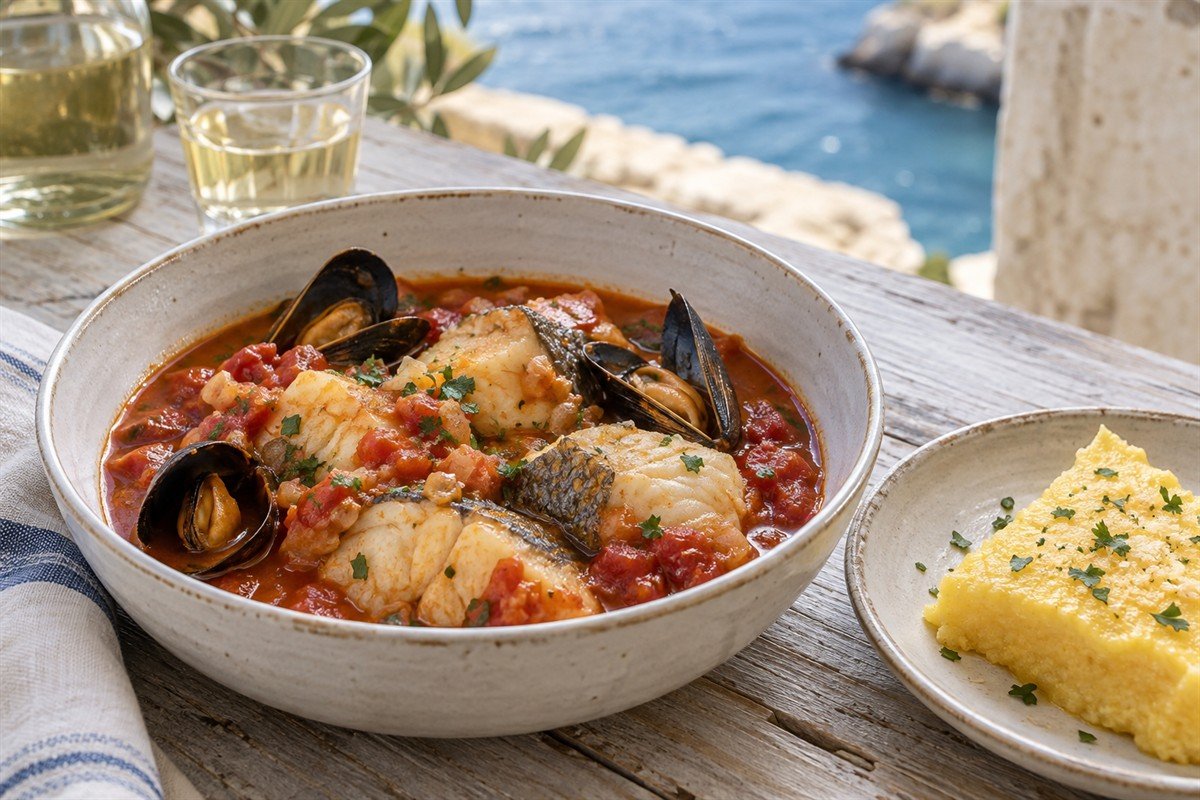 Croatian brudet with mixed fish, mussels, tomato broth, parsley, and polenta.