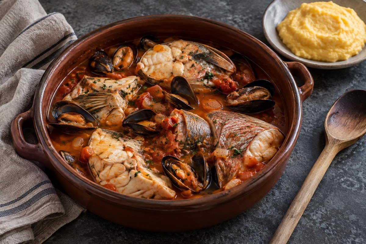 Croatian brudet in an earthenware pot with intact fish pieces, mussels, and polenta.