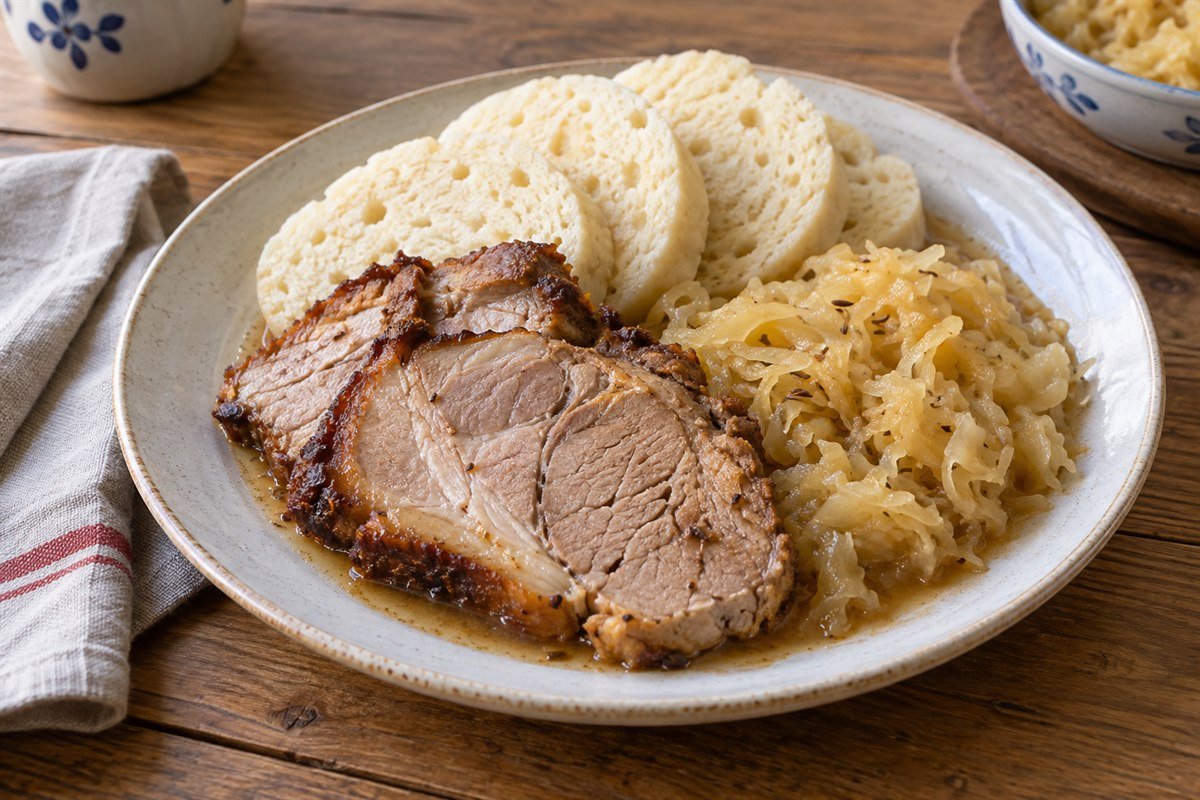 Czech roast pork with bread dumplings and sauerkraut on a ceramic plate.