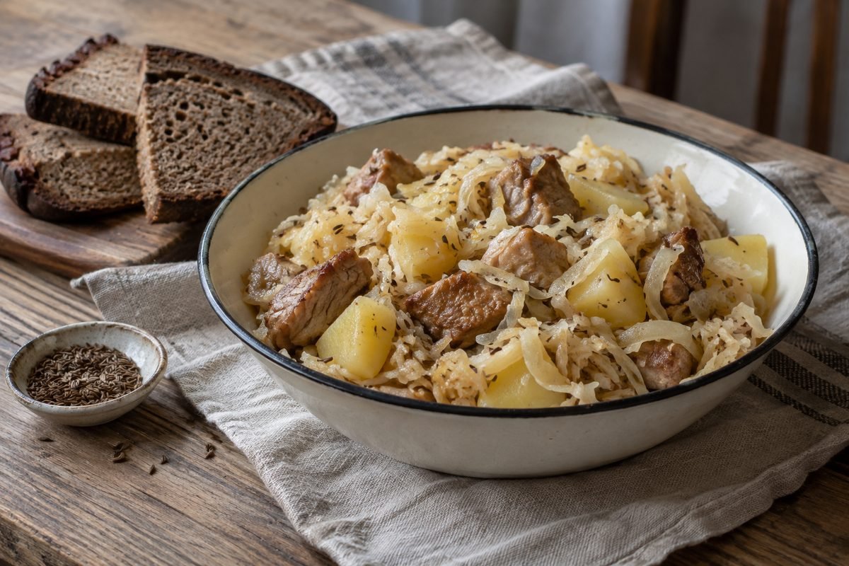 Estonian mulgikapsad with pork, sauerkraut, potatoes, caraway, and rye bread.