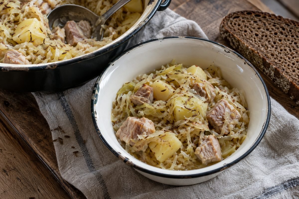 A serving bowl of Estonian pork and sauerkraut stew beside rye bread.