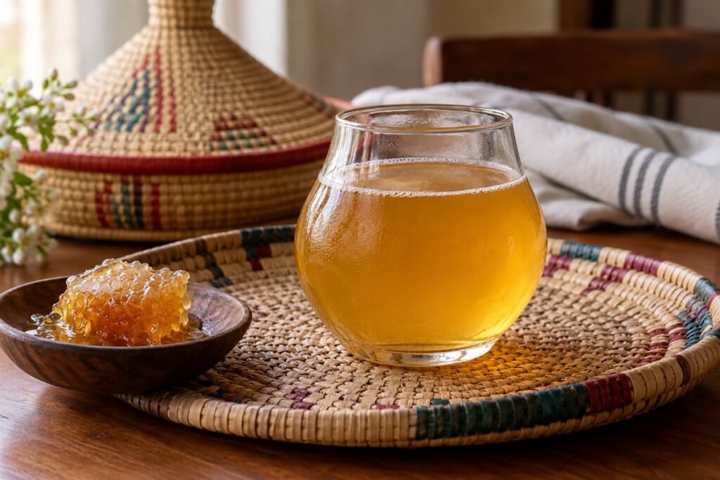 Golden Ethiopian tej honey wine in a rounded glass beside honeycomb and a woven mesob setting.
