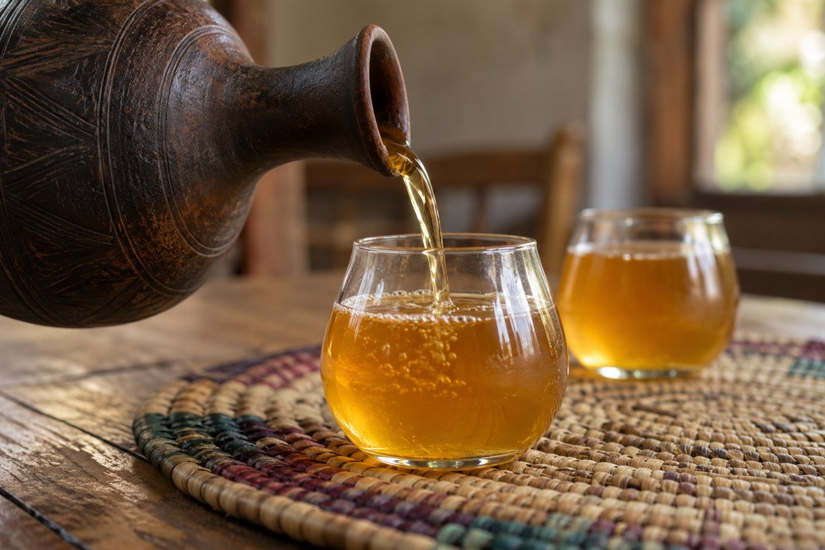Ethiopian tej being poured from a dark clay vessel into a rounded glass.