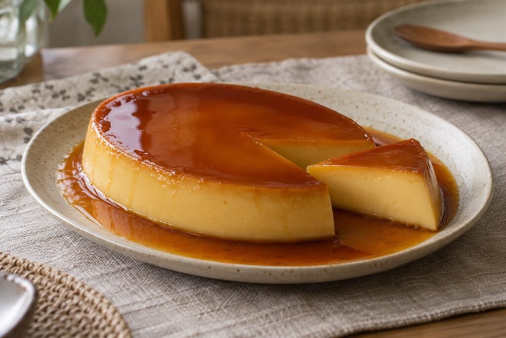 Filipino leche flan with smooth custard and amber caramel sauce.