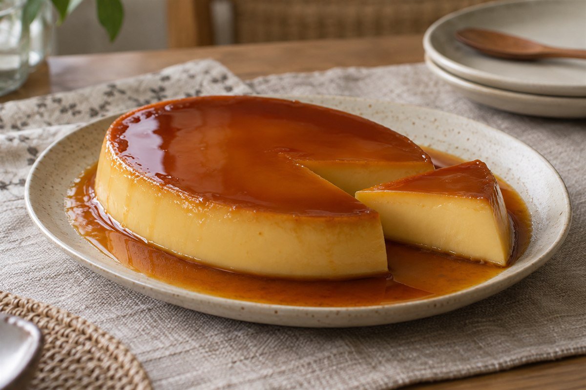 Filipino leche flan with smooth custard and amber caramel sauce.