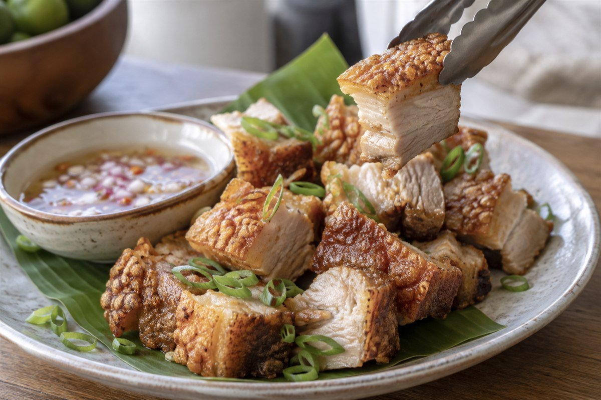 A crisp piece of lechon kawali being lifted with tongs over a serving plate.