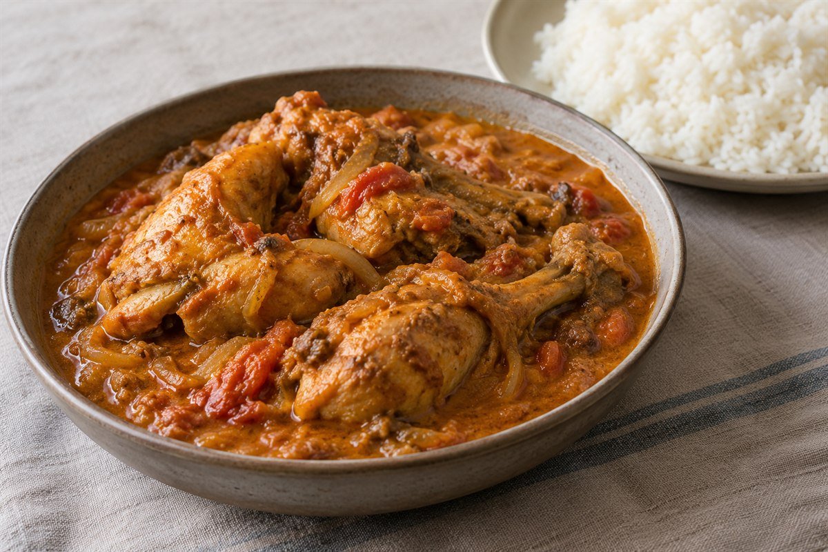 Gabonese poulet nyembwe chicken in palm nut sauce with rice.