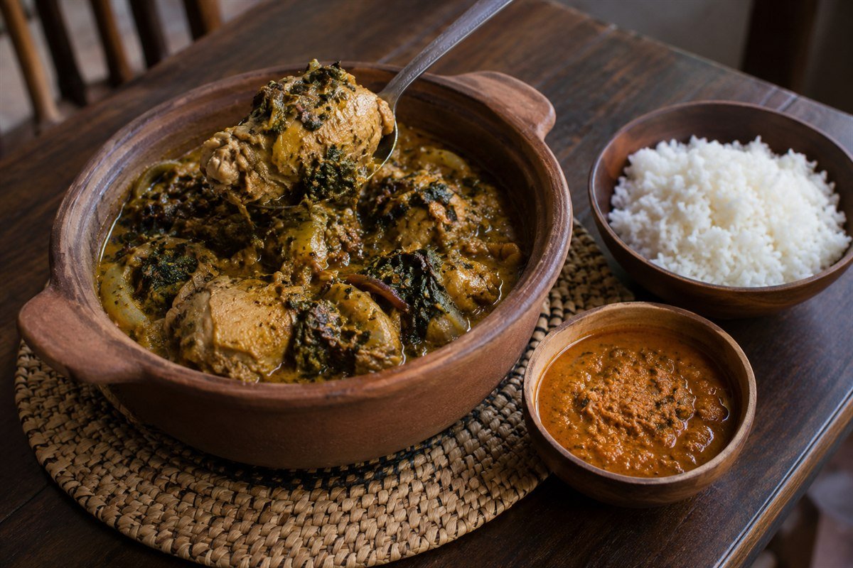 Gabonese poulet nyembwe being served from a rustic pot.
