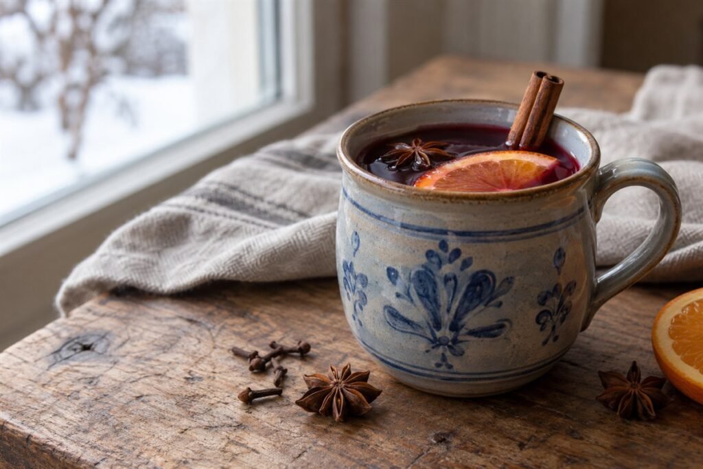 German gluhwein in a ceramic mug with orange slices and cinnamon on a winter table.