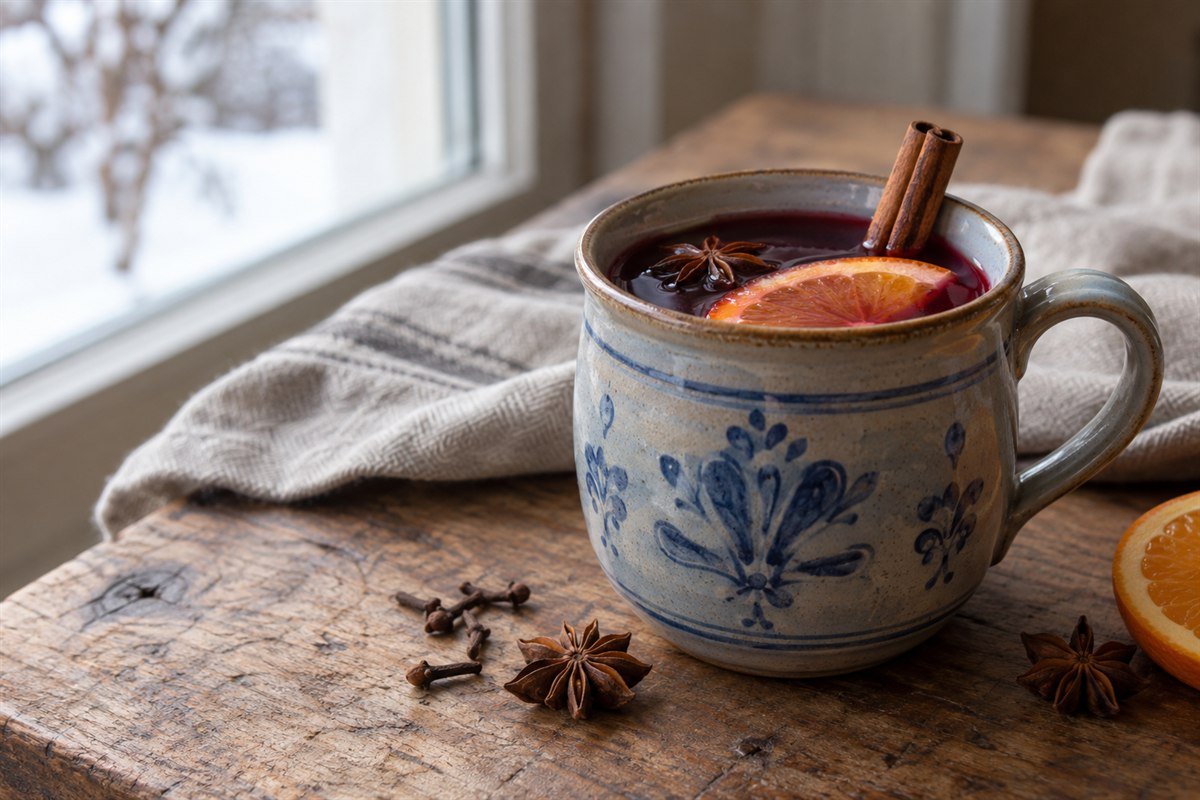 German gluhwein in a ceramic mug with orange slices and cinnamon on a winter table.