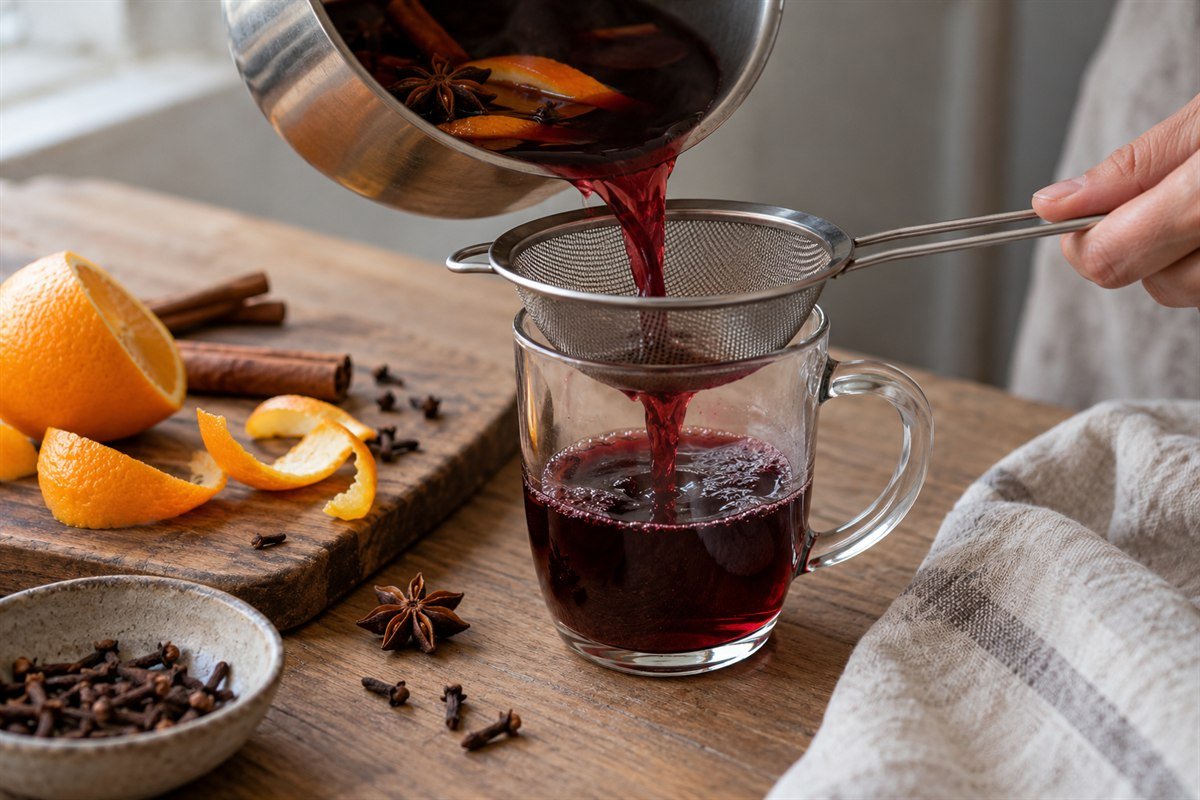 German gluhwein being poured into a mug beside orange peel, cloves, and cinnamon.
