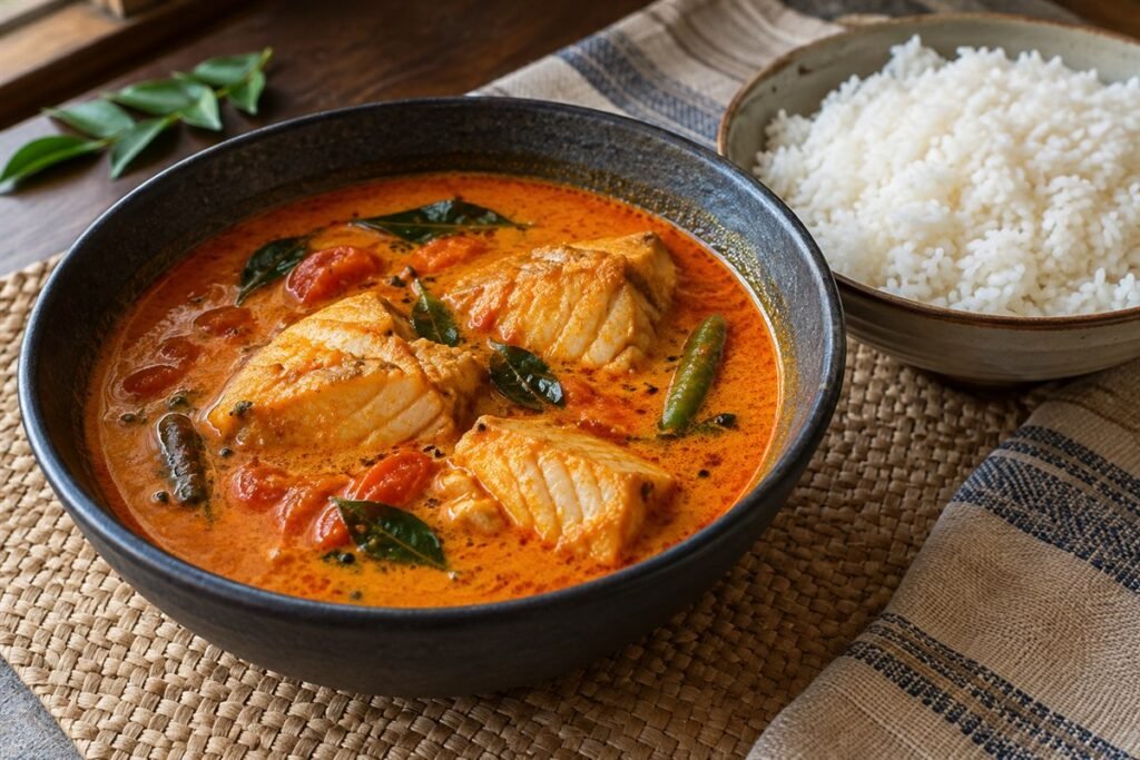 Goan fish curry with flaky white fish, coconut-tamarind sauce, curry leaves, green chilies, and rice.