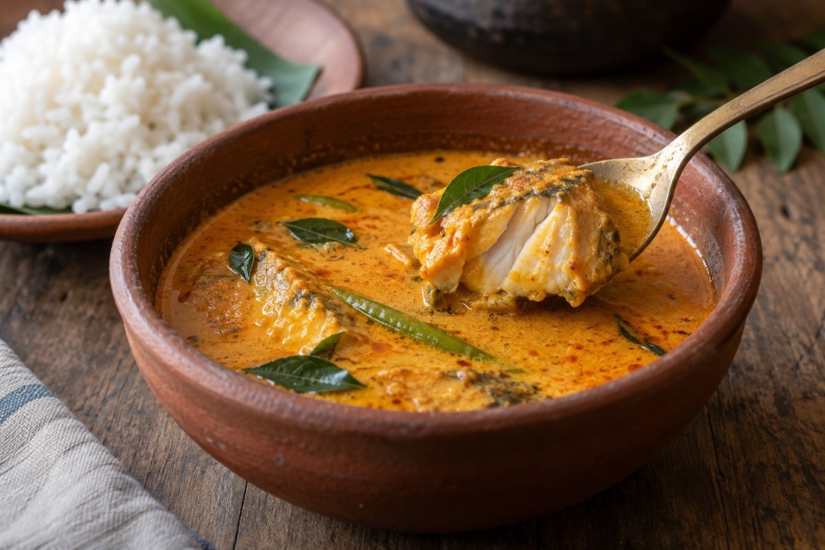 A close serving of Goan fish curry with flaky fish in coconut-tamarind sauce.