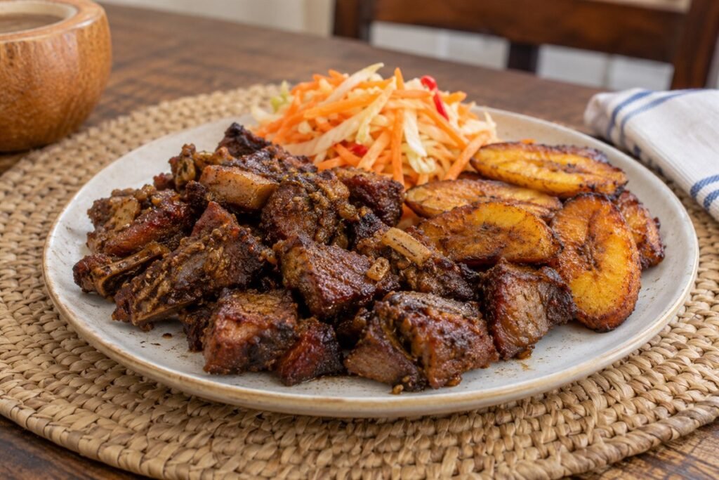 Haitian Tassot fried beef with ripe plantains and bright cabbage-and-carrot pikliz.
