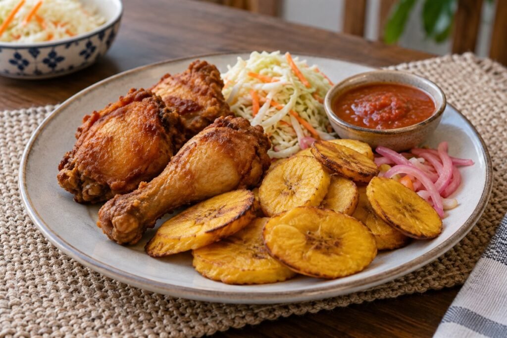 Honduran pollo con tajadas with crispy chicken, fried plantains, cabbage slaw, and tomato sauce.