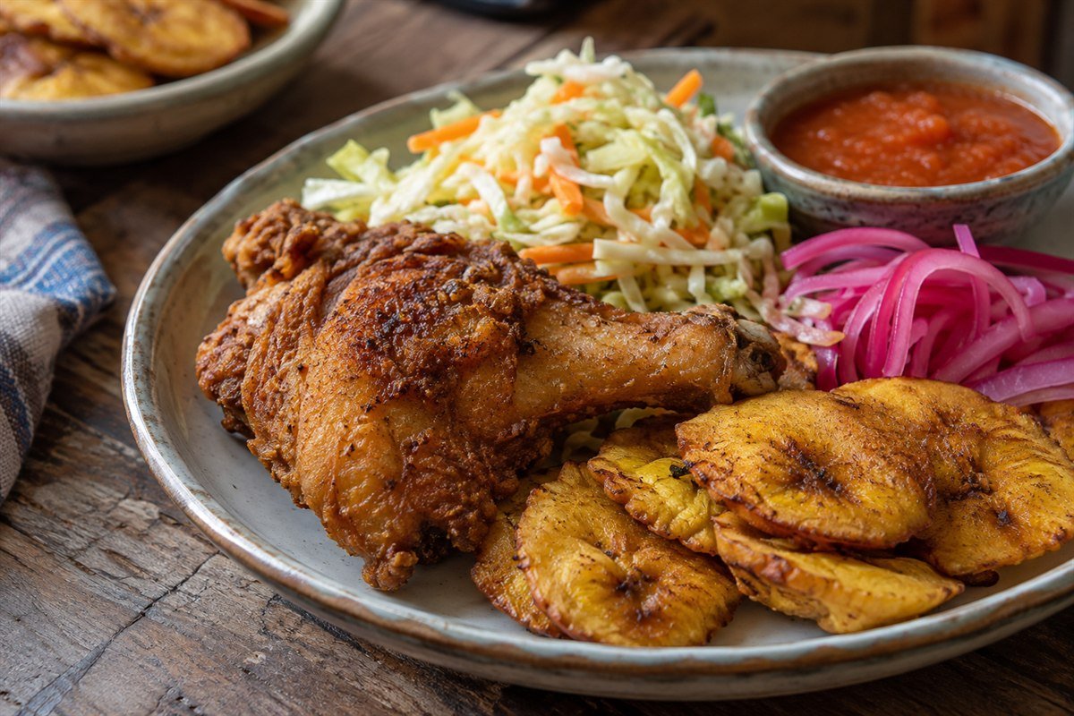 A serving of Honduran pollo con tajadas with chicken, plantains, slaw, and pickled onions.