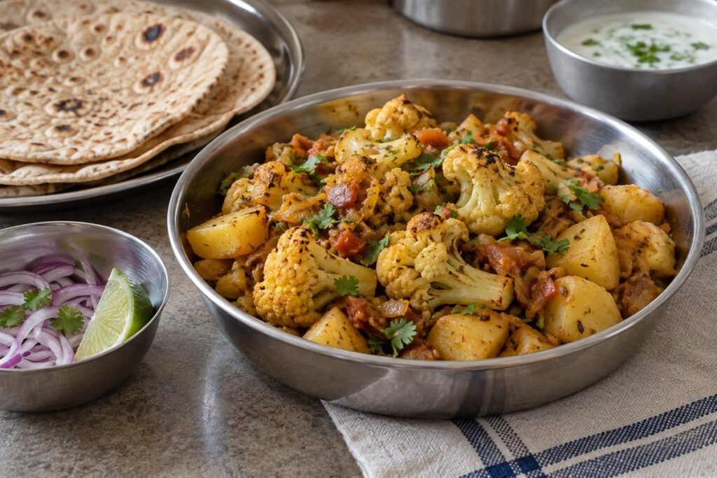 Indian aloo gobi with roasted cauliflower, potatoes, tomato, cilantro, and roti.