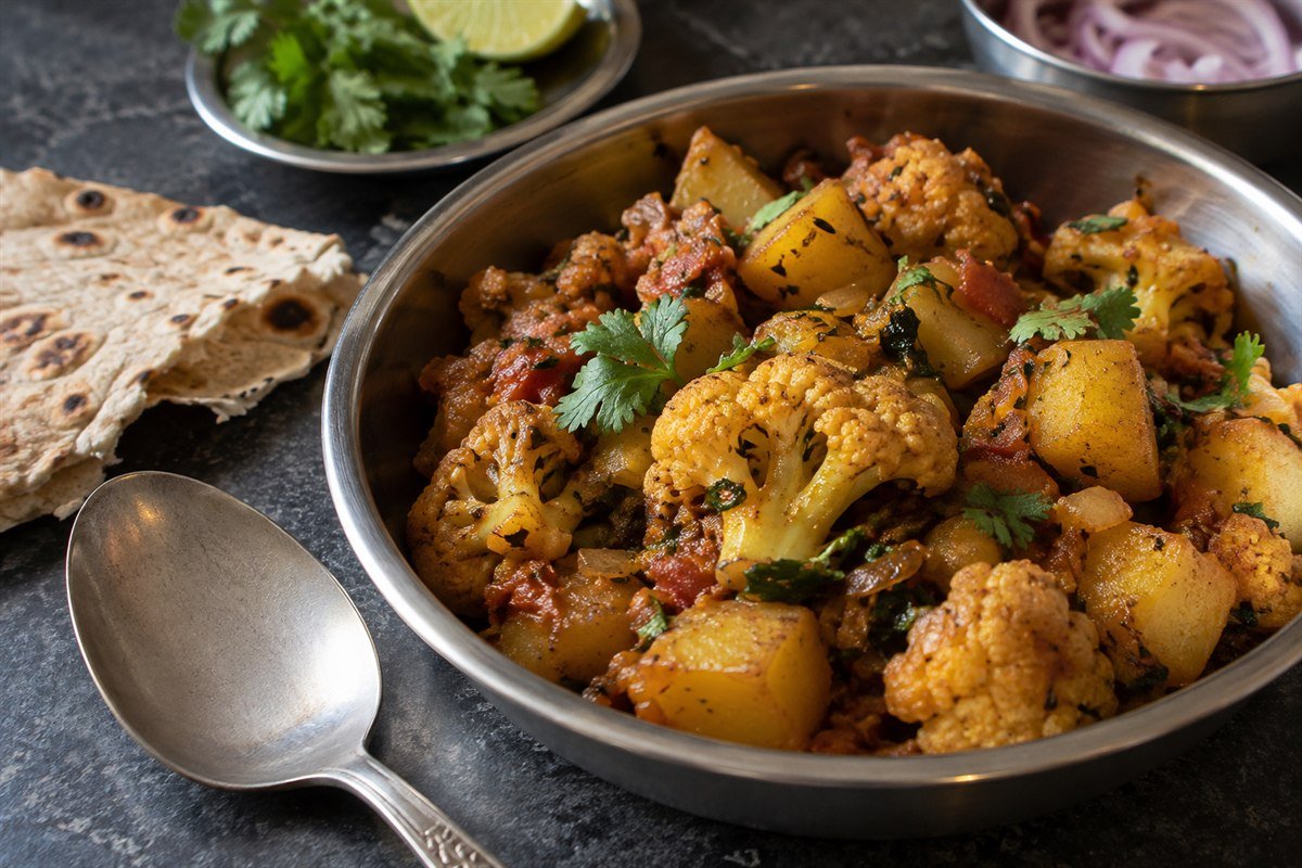 A close serving of Indian aloo gobi with tender potatoes, cauliflower, roti, and cilantro.