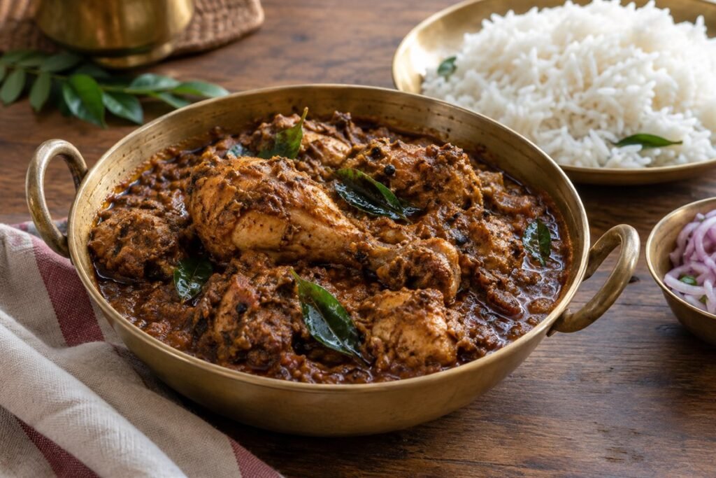 Chicken Chettinad in a dark aromatic gravy with curry leaves and rice. 