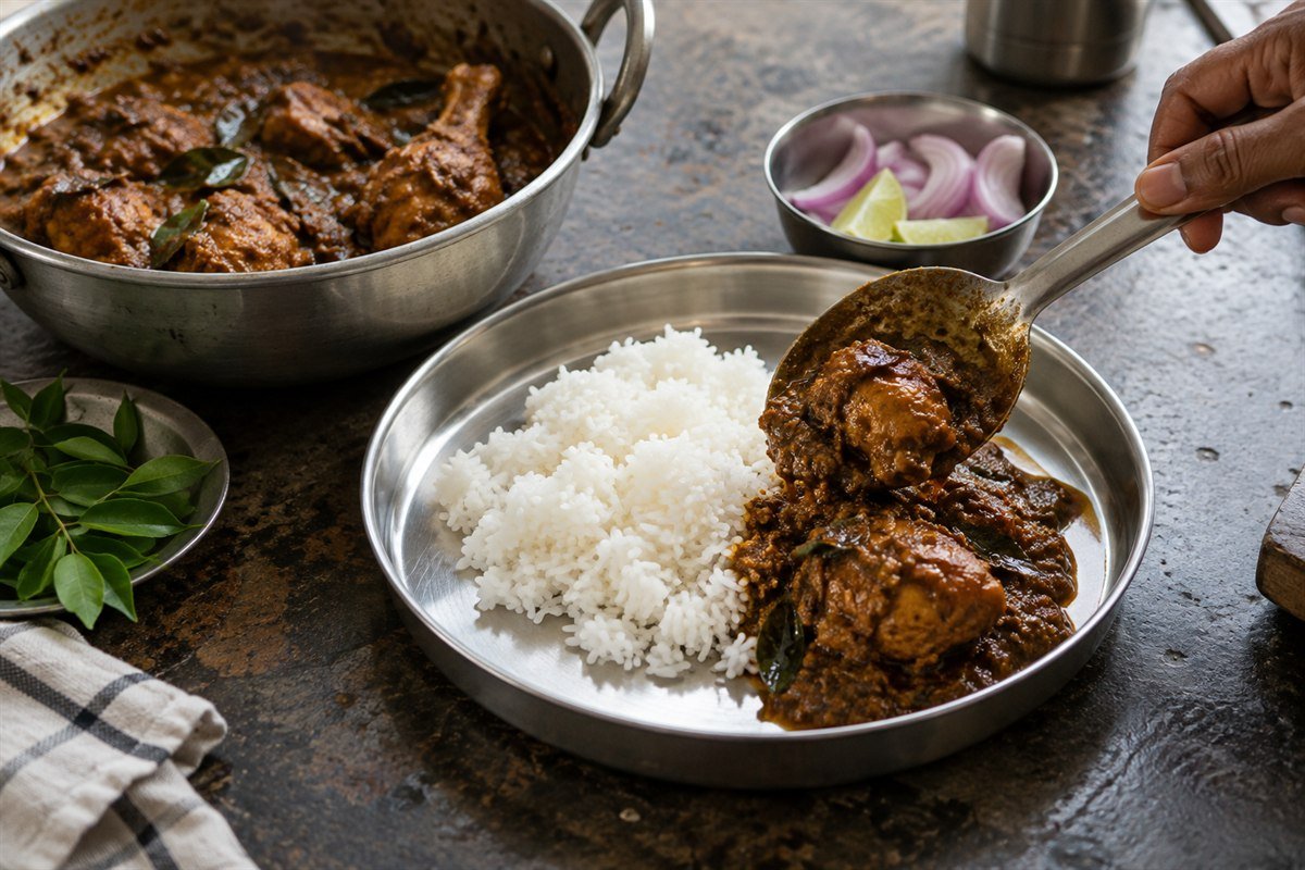 Chicken Chettinad being spooned beside steamed rice in a metal thali.