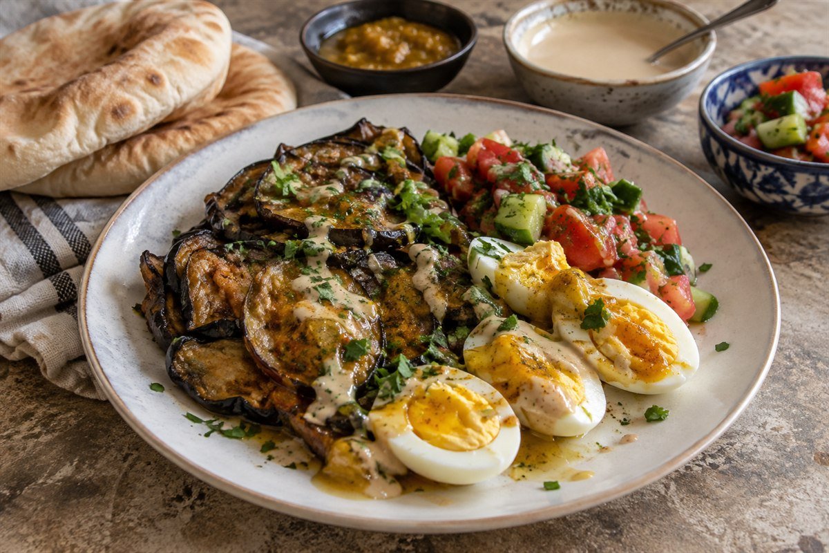 Israeli sabich with fried eggplant, eggs, chopped salad, tahini, amba, and pita.