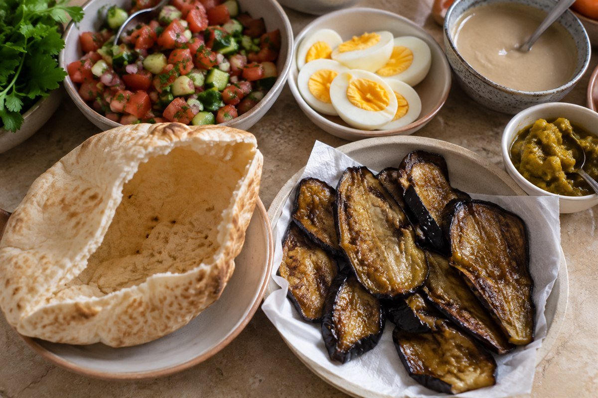 Pita, eggplant, boiled eggs, salad, tahini, and amba arranged for Israeli sabich.