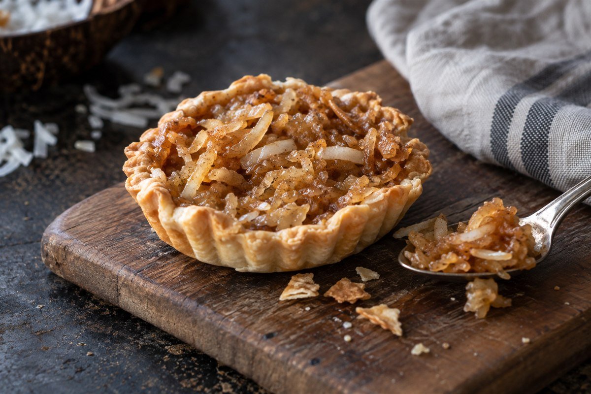 A Jamaican gizzada coconut tart on a wooden board with flaky pastry crumbs.