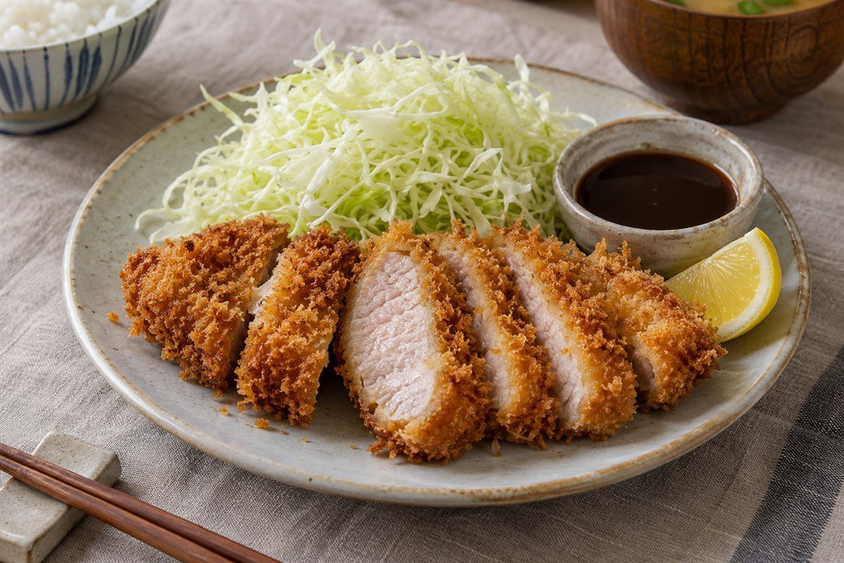 Sliced Japanese tonkatsu with shredded cabbage, lemon, and tonkatsu sauce.