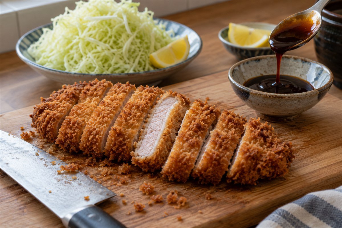 Japanese tonkatsu being plated with sauce and shredded cabbage.