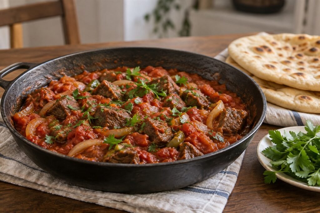 Jordanian Galayet Bandora with beef, tomatoes, peppers, and flatbread in a skillet.