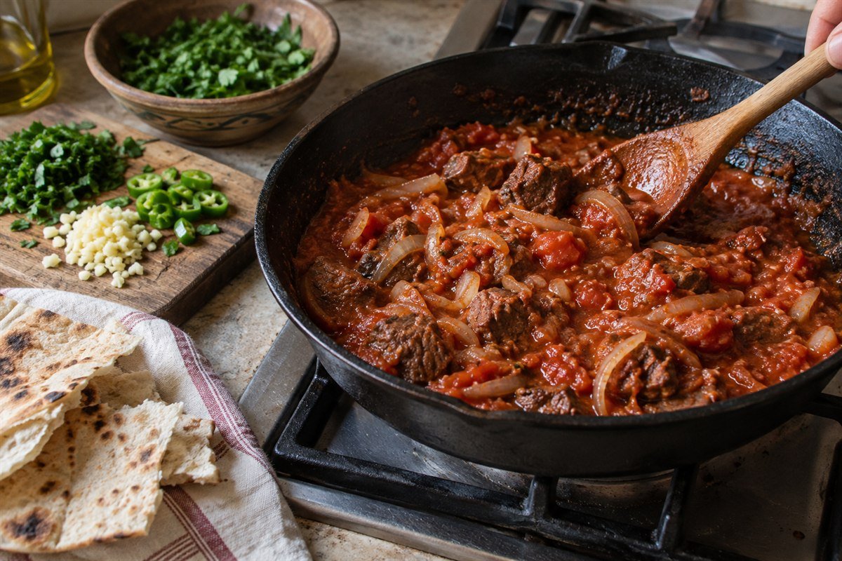 Jordanian Galayet Bandora with beef cooking in a skillet with tomatoes, onions, and peppers.