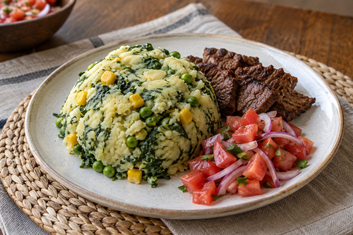 Kenyan mukimo with mashed potatoes, peas, corn, leafy greens, grilled beef, and kachumbari.