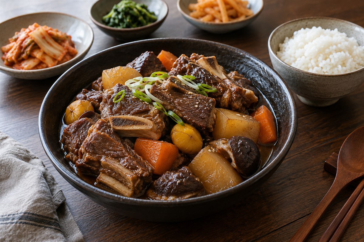 Korean braised beef short ribs with radish, carrots, shiitake mushrooms, chestnuts, and rice.