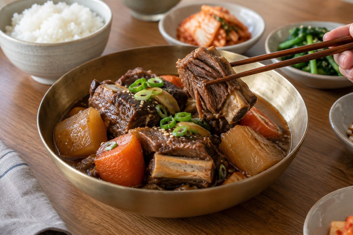 Tender braised beef short rib lifted with chopsticks from a bowl of galbi jjim.