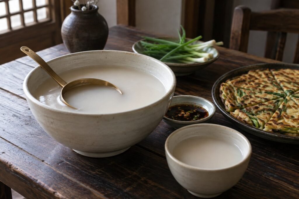 Cloudy Korean makgeolli in ceramic bowls beside pajeon and small side dishes.