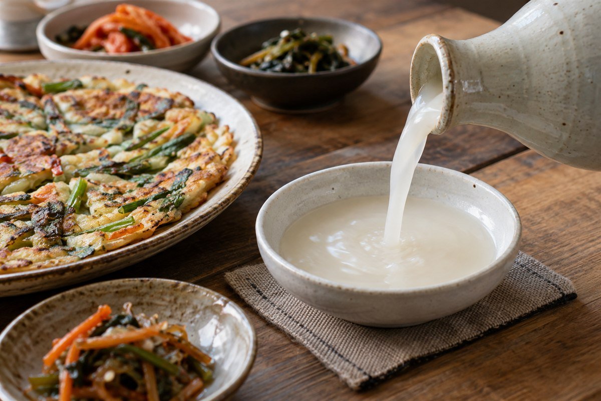 Cloudy makgeolli being poured from a ceramic bottle beside Korean pajeon.
