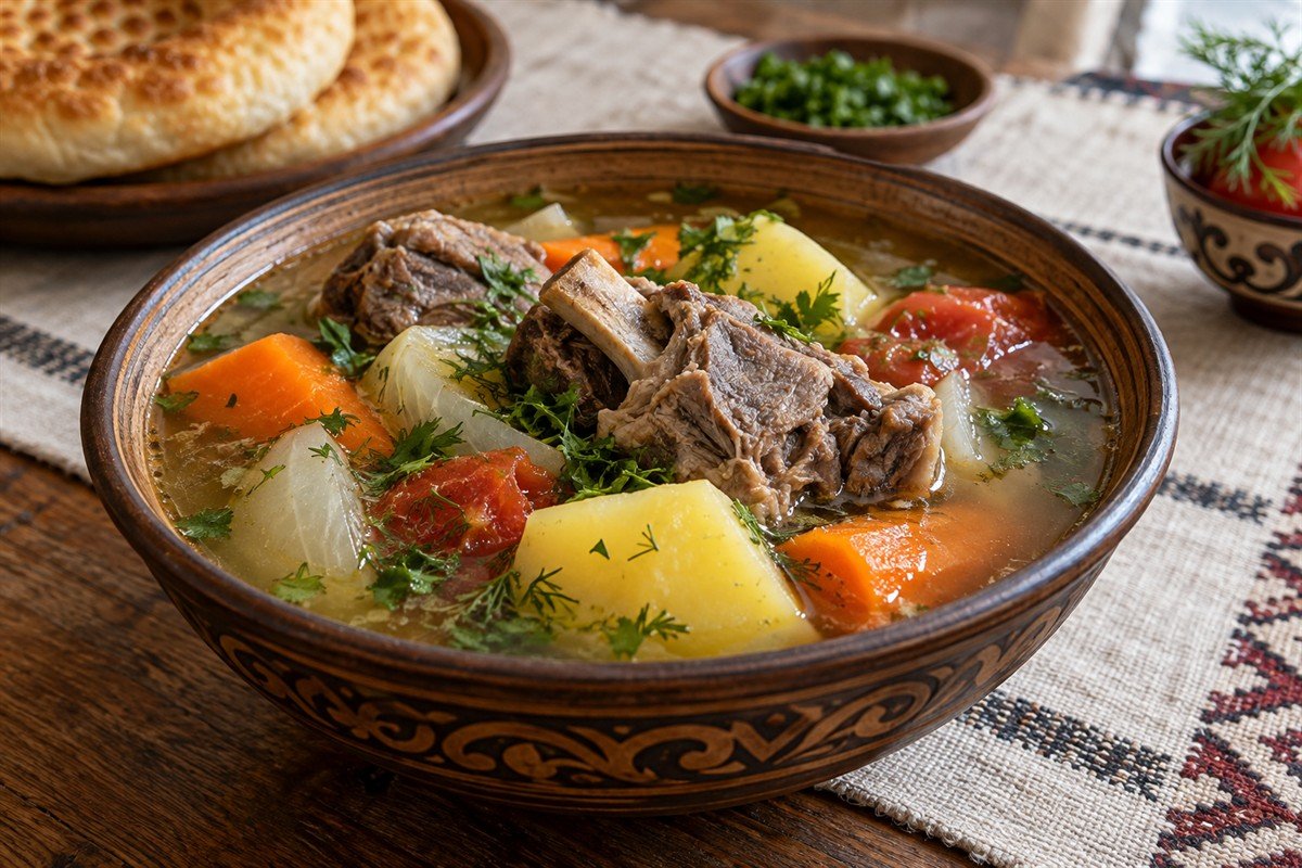 Kyrgyz shorpo with bone-in lamb, potatoes, carrots, onion, tomato, and fresh herbs.