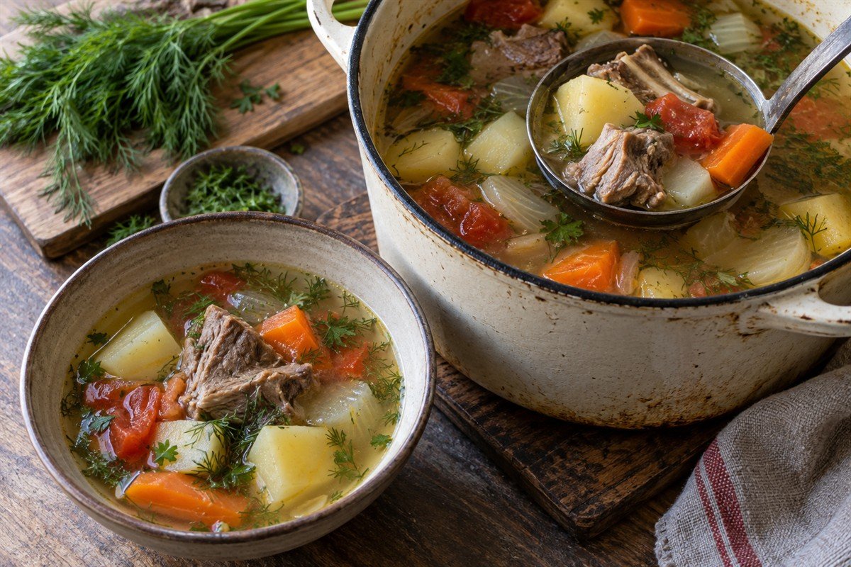 Kyrgyz shorpo being ladled from a large pot with lamb and chunky vegetables.