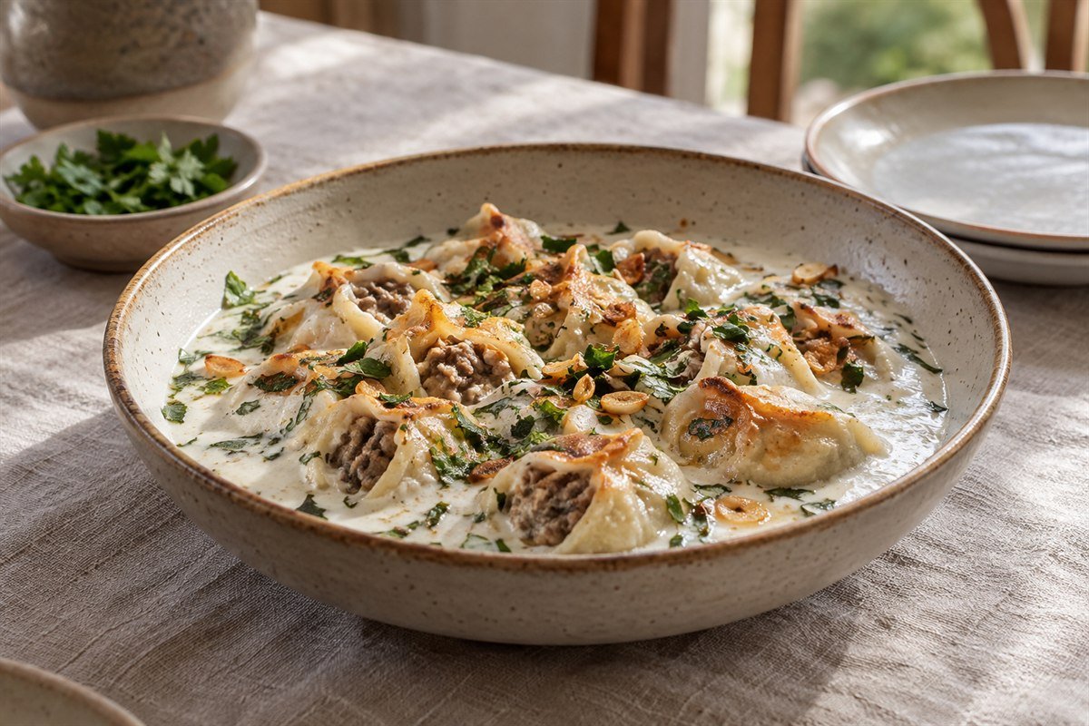 Lebanese Shish Barak meat dumplings in smooth yogurt sauce with cilantro and garlic.