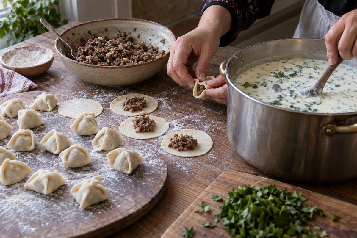 Lebanese Shish Barak dumplings being folded beside minced beef and yogurt sauce.
