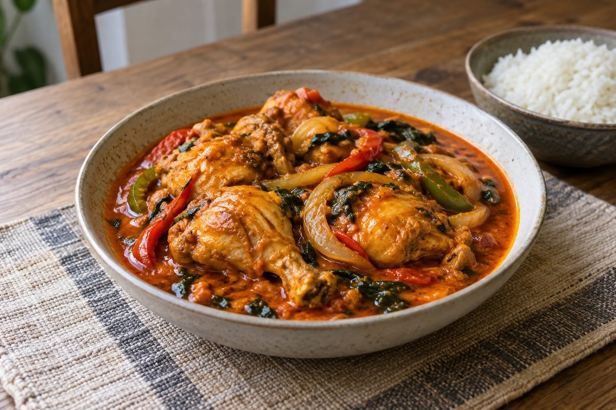 Liberian palm butter chicken in a rich palm-fruit sauce with peppers, greens, and rice.