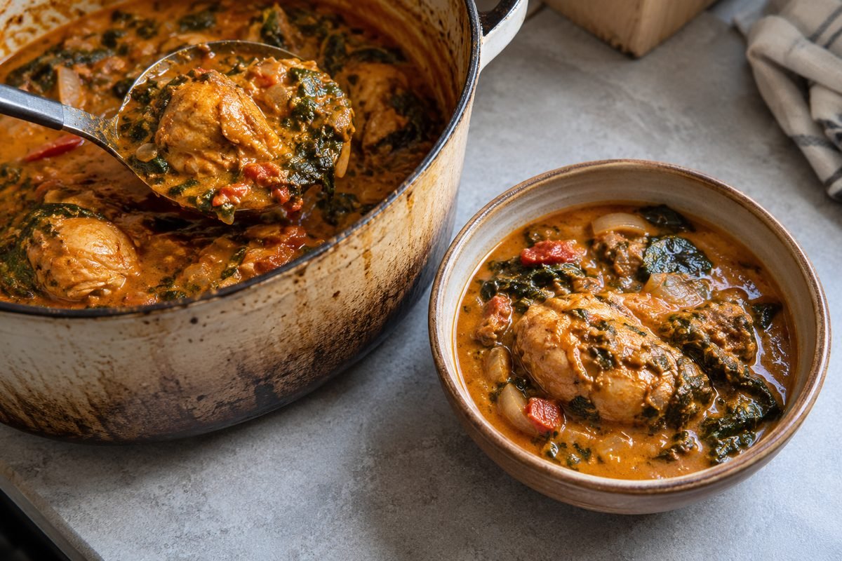 Liberian palm butter chicken being ladled from a pot into a serving bowl.