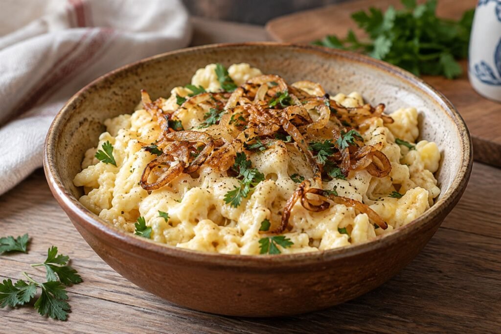 Cheese spaetzle with melted alpine cheese, caramelized onions, and parsley.