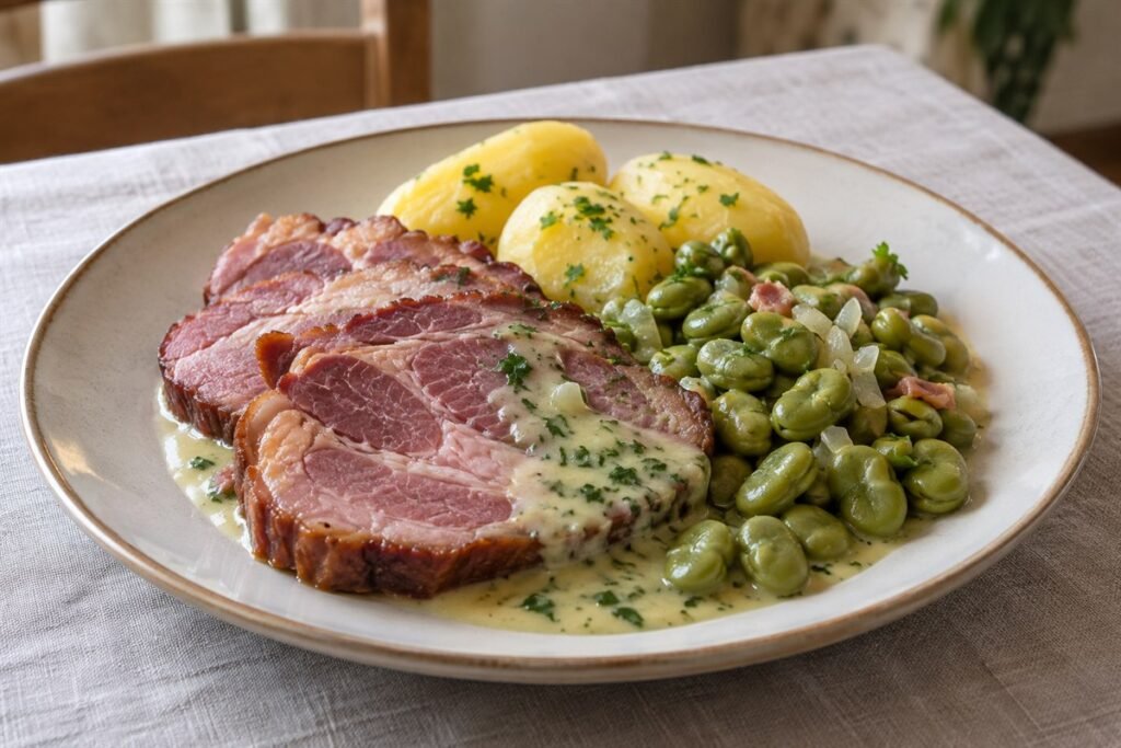 Sliced smoked pork neck with broad beans, potatoes, and parsley sauce.